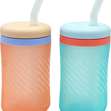 The First Years Silicone Squeeze & Sip Straw Cup - Spill-Proof Toddler Training Cups - Dishwasher Safe - Orange and Blue - 7 oz - 2 Count - Ages 6 Months+