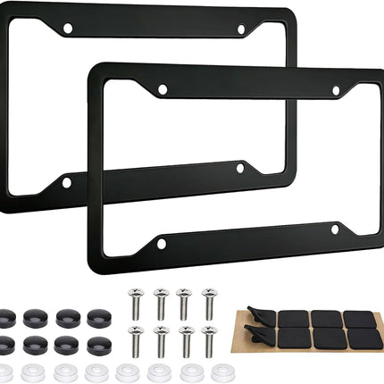 2 Pack Black License Plate Frames - Heavy Duty Stainless Steel Car License Plate Frame with 4 Holes, Rattle Proof Rustproof with Mounting Screws & Caps for Front Rear Cars