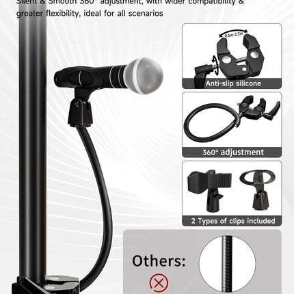 Gooseneck Microphone Stand, Adjustable Microphone Holder with 2 Universal Mic Clips, Gooseneck Mic Stand with 3/8"-16 Adapter for Recording Studio, Live Streaming, Podcast and Broadcasting