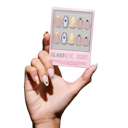 Glamnetic Press On Nails - Aperitivo Hour | Short Almond Fake Nails in Bright Orange with Olives, Lemons & Ceramic Designs, Salon Quality, Summer Nails | 15 Sizes - 30 Nail Kit with Glue
