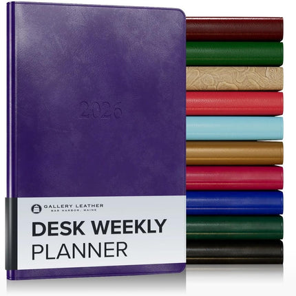 Gallery Leather Desk Weekly Monthly Planner 2025-2026, Elegantly Bound Calendar Planner and Notebook with Stylish Gold-Gilded Page Edges, 12 Months - Acadia Plum - 8 x 5.5 "