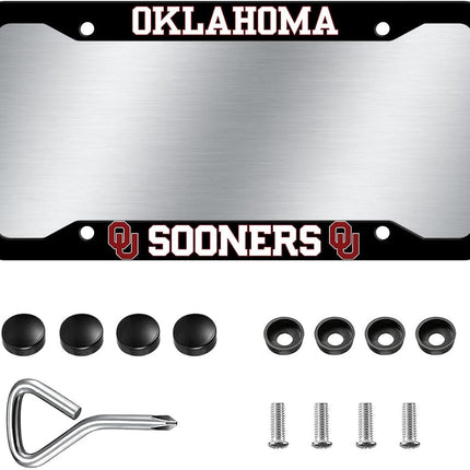 1PC Aluminum License Plate Frames for Oklahoma Sooners,Metal Matte Black License Plate Holders for OU, Universal US Car License Plate Covers with Screws