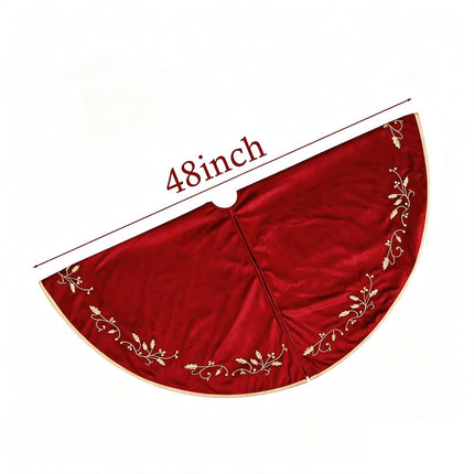 Christmas Tree Skirt, 48 inches Red Velvet Plush Fur Skirts with Gold Embroidered Holly Leaf for Rustic Xmas Tree Holiday Decorations