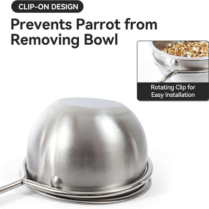 AOTU Anti-Snatch Stainless Steel Parrot Feeding Cups with Locking Buckle - Bird Food & Water Bowls, Bird Cage Accessories for Cockatiel, Conure, Budgie, Macaw, Gray Parrot & Small Pets (L)
