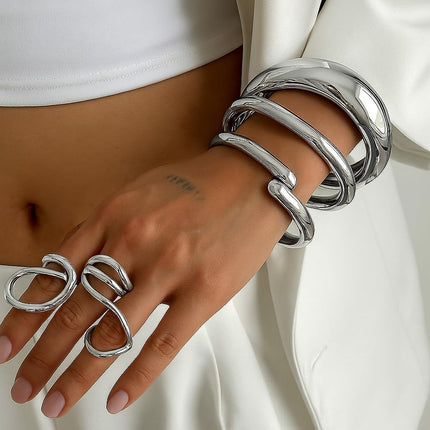 PEALICIOUS 2Pcs Chunky Bracelet for Women, Girls Gold Bangle Bracelet 7in Minimalist Silver Chunky Bangles Prom Gifts, Trendy Gold Arm Cuff Upper Arm Band, Stack Bead Prom Accessories Summer Jewelry