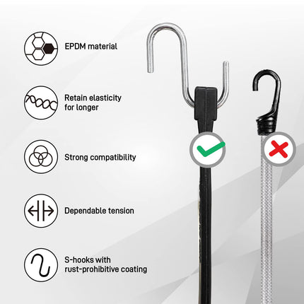 21" Rubber Tarp Straps with 150% Max Stretch, 100% EPDM Bungee Cords with Metal Crimped S Hooks, Ideal for Securing Tarps, Cargo, Canvases, Weatherproof (10 Pack)