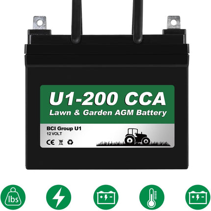 WEIZE Lawn Garden AGM Battery, 12V 200CCA BCI Group U1 SLA Starting Battery for Lawn, Tractors and Mowers, Compatible with John Deere, Toro, Cub Cadet, and Craftsman