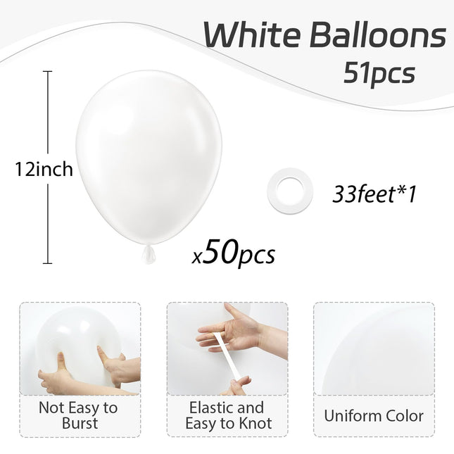 White Balloons 12 inch, White Latex 50pcs Party Balloons