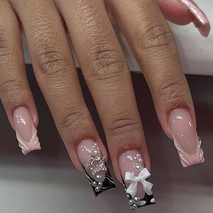 Press on Nails Almond Fake Nails with Gold Line Design Glue on Nails Acrylic Nails Glossy Full Cover Stick on Nails for Women 24Pcs