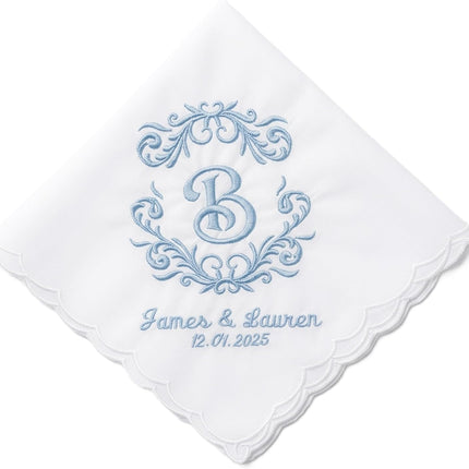 Personalized Wedding Handkerchief, Embroidered Bridal Hankie, Monogrammed Cotton Scalloped Edge White Handkerchief, Gift for Bride