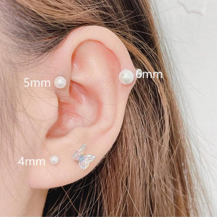Renkovte Pearl Stud Earrings Screw Back,Flat Back Pearl Cartilage Helix Earrings 316L Surgical Steel Cartilage Piercing Jewelry Gift for Women(4mm 5mm 6mm Pearl,Gold&Silver)