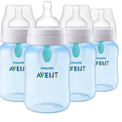 Philips Avent Anti-Colic Bottle with AirFree Vent, 9oz, with Flow 2 Nipples, 1m+, 4pk, Blue, SCY703/24