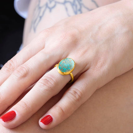 Natural Amazonite Crystal Ring 24K Gold Vermeil 925 Sterling Silver Oval Solitaire Gemstone Dainty Perseverance Crystal Virgo Wealth Statement Ring Handmade Turkish Fine Jewelry