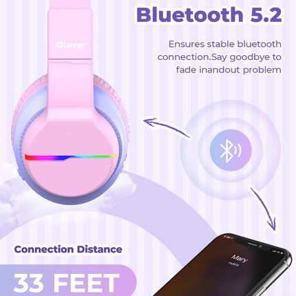 iClever BTH12 Kids Bluetooth Headphones,Colorful LED Lights,74/85dBA Safe Volume,85H Playtime,Bluetooth 5.2,Over Ear Headphones Built-in Mic for iPad/Tablet/Airplane,Blossom Pink