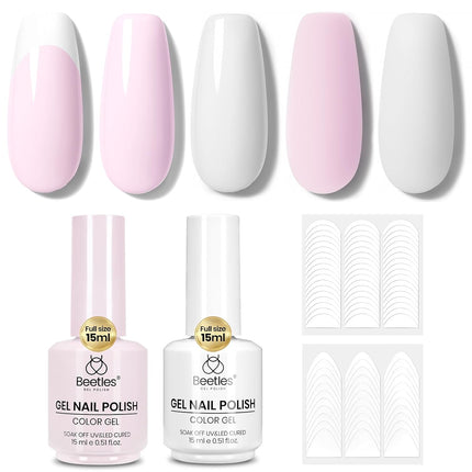 Beetles French Tip Gel Polish Set - Spring White Pink Gel Nail Polish Set 15ML Full Size Soak Off UV LED with 2 Styles Classic French Nail Art Sticker Sheets Manicure DIY Home Salon Gifts for Women