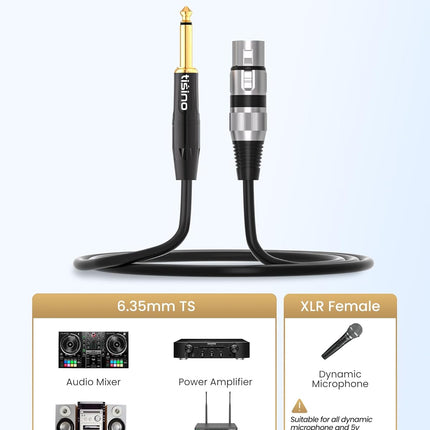 Tisino Female XLR to 1/4 (6.35mm) TS Mono Jack Unbalanced Microphone Cable Mic Cord for Dynamic Microphone - 6.6 FT/2 Meters