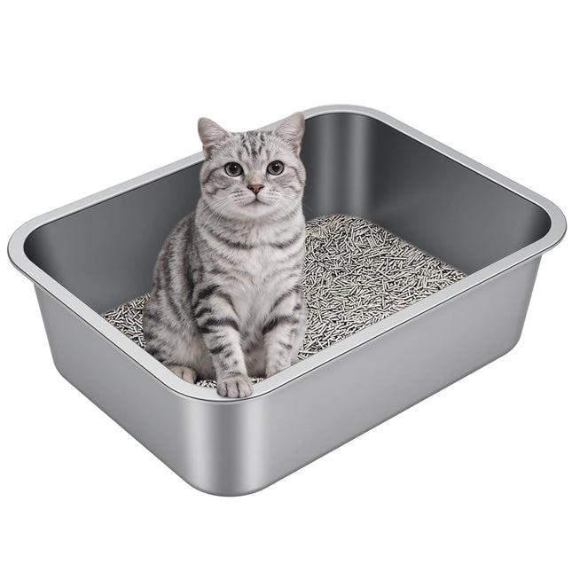 Arenero para gatos de acero inoxidable con lados altos