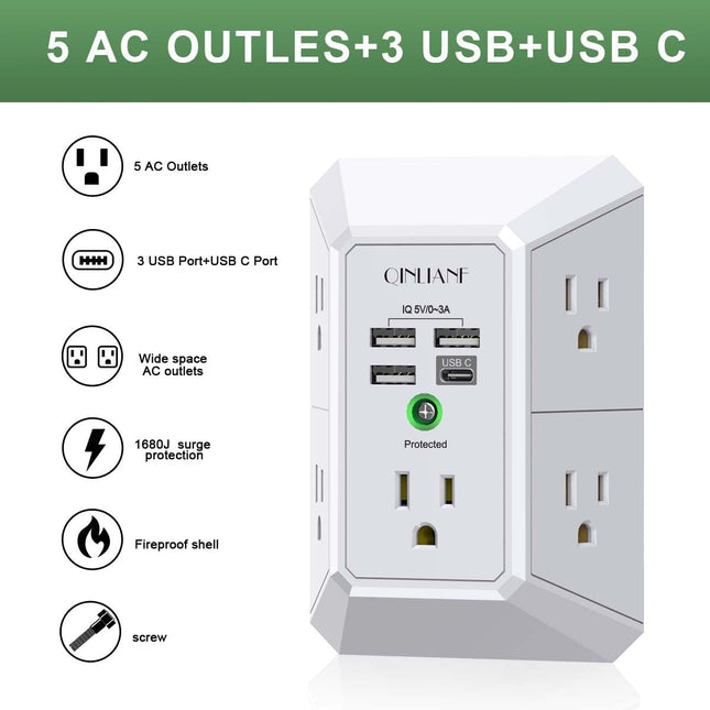 Wall Charger, Surge Protector, 5 Outlet Extender with 4 USB Charging Ports, 3-Sided 1680J Power Strip - photo 2