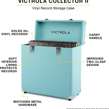 Victrola Collector II (2026 Model) – Vinyl Record Storage Case – Hold 30+ Vinyl Turntable Records, Heavy-Duty Hardware, Soft Interior Lining, Portable Box with Carry Handle (Turquoise)