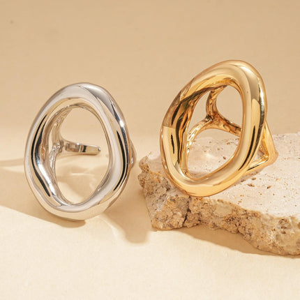 Chunky Irregular Hollow Oval Statement Ring For Women Adjustable Open Band Geometric Fashion Jewelry Gold Tone Or Silver Tone
