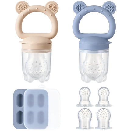 Alimentador de fruta de silicona para bebé 2 piezas con mini bandeja congeladora, moldes de paleta de leche materna para dentición infantil, mordedores de bebé, alimentador de comida fresca para alimentación autónoma segura del bebé - morado