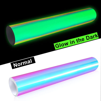 Vinilo adhesivo permanente que brilla en la oscuridad, holográfico iridiscente, opal white glow green para envolver, stickers, calcomanías, letras, 12" x5ft