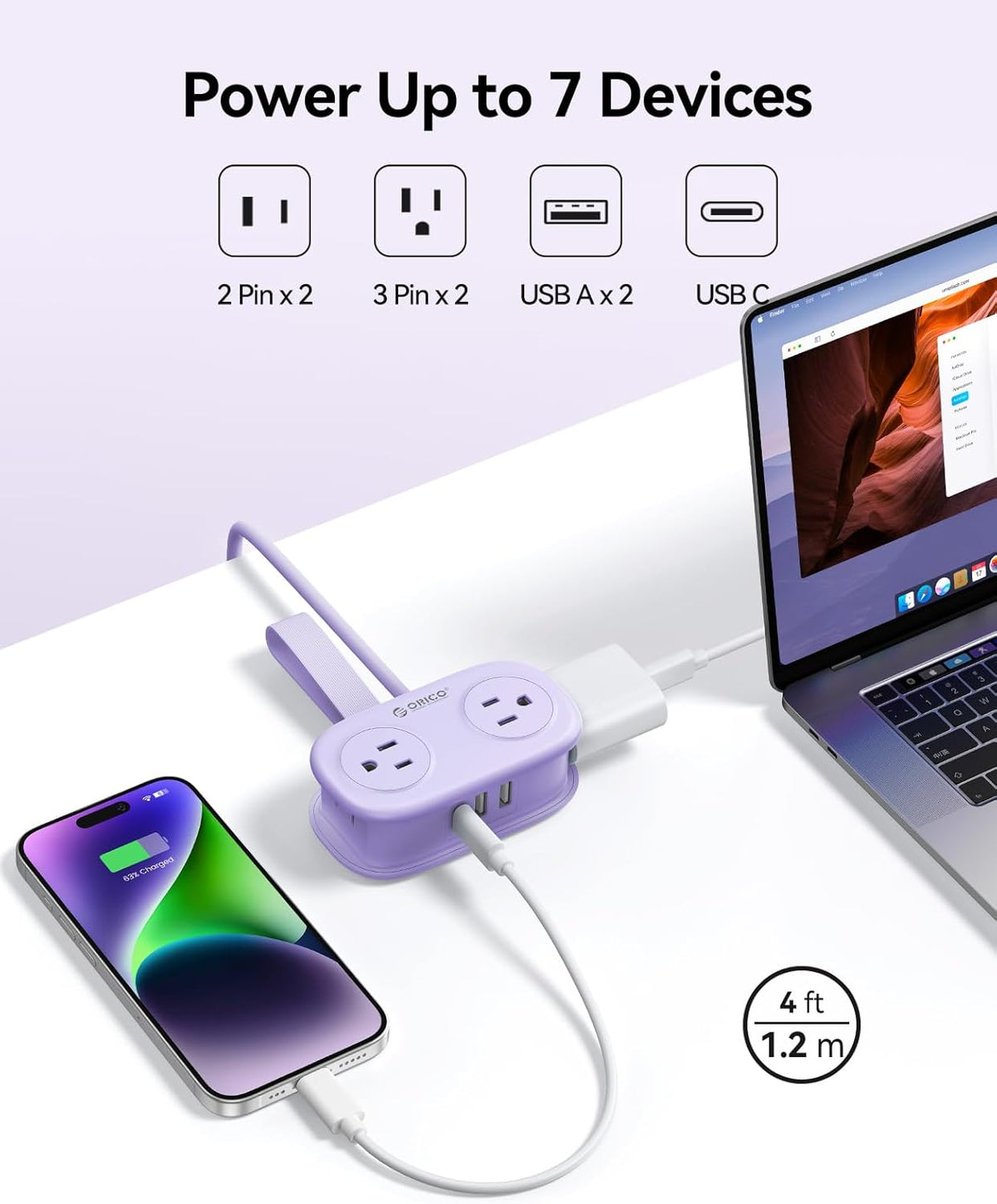 4FT Purple Cruise Approved Travel Power Strip with 4 AC Outlets, 2 USB-A Ports, 1 USB-C Port, and 45 - photo 3