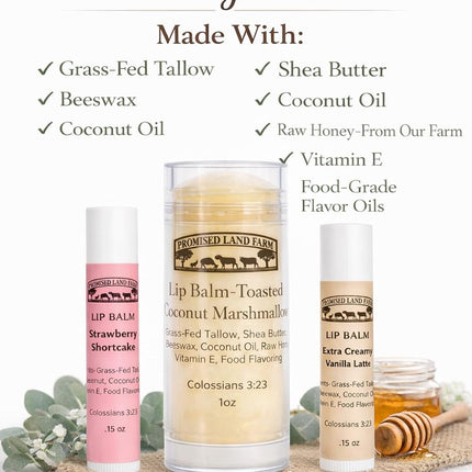 All-Natural Lip Balm Gift Set (3 Pack) -Grass-Fed Tallow, Shea Butter & Honey- Strawberry Shortcake, Toasted Coconut Marshmallow (1 oz), Vanilla Latte