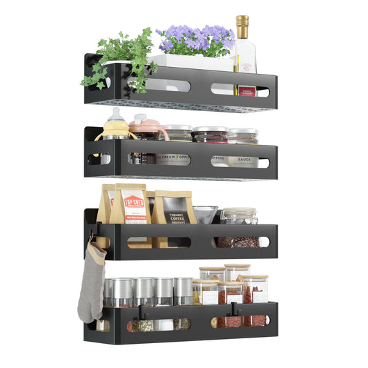 4-Pack Magnetic Spice Rack for Refrigerator with Hooks, Black