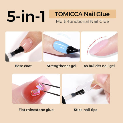 TOMICCA 5 in 1 Brush On Nail Glue Gel for Nail Tips and Press On Nails, 15ml Long‑Lasting UV Nail Adhesive for Nail Extension, Stronger Nail Glue for Spring Nail Art