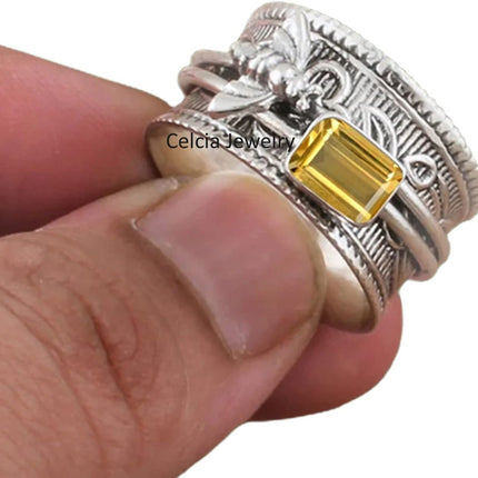 Solid 925 Sterling Silver Honey Bee Spinner Meditation Ring, Natural Abalone Shell Gemstone Ring