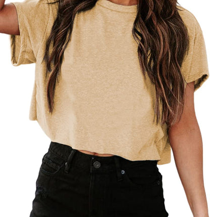 Camisetas cortas de manga corta para mujer, cuello redondo, top básico de verano