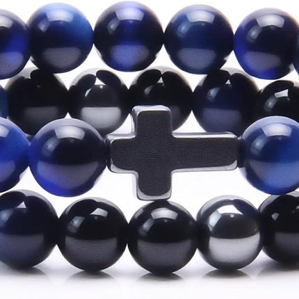 Cross Bracelet for Men - Black Obsidian Hematite Tiger Eye Triple Protection Bracelet Set 8MM Stretch Beaded Bracelets Faith Jewelry Gift for Men Boyfriend Husband Son