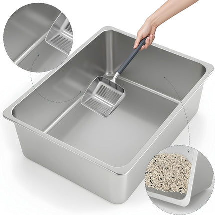 Large High Sided Stainless Steel Cat Litter Box, Non-Stick