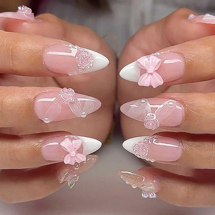 Press on Nails Almond Fake Nails with Gold Line Design Glue on Nails Acrylic Nails Glossy Full Cover Stick on Nails for Women 24Pcs
