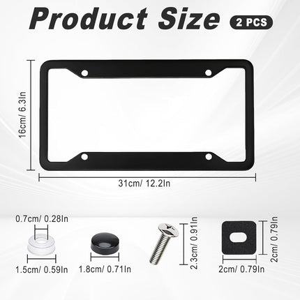 2 Pack Black License Plate Frames - Heavy Duty Stainless Steel Car License Plate Frame with 4 Holes, Rattle Proof Rustproof with Mounting Screws & Caps for Front Rear Cars
