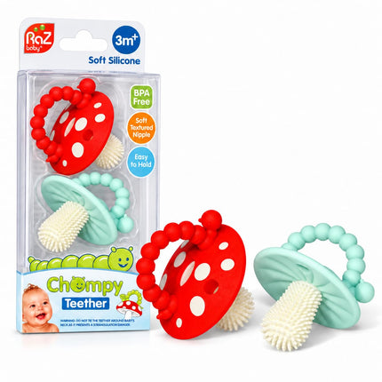 Soft Silicone Infant & Baby 3M+ Teether Toy Massaging Bristles Teething Pacifier - Soothes Sore Gums - Hands-Free & Easy-to-Hold Chompy Teether, BPA Free (RED/Green)