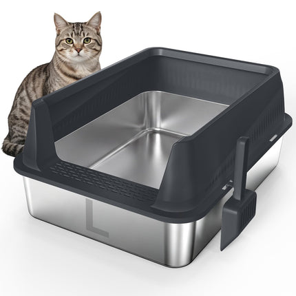 Stainless Steel Litter Box with Lid, High Sided Metal Litter Boxes