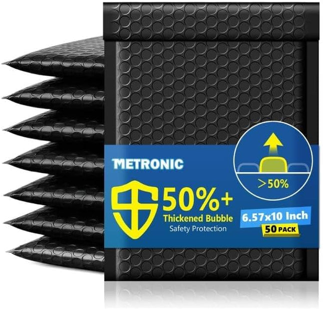 Extra Deep Black Bubble Mailers, 6 x 9 in Usable Size, 50 Pack