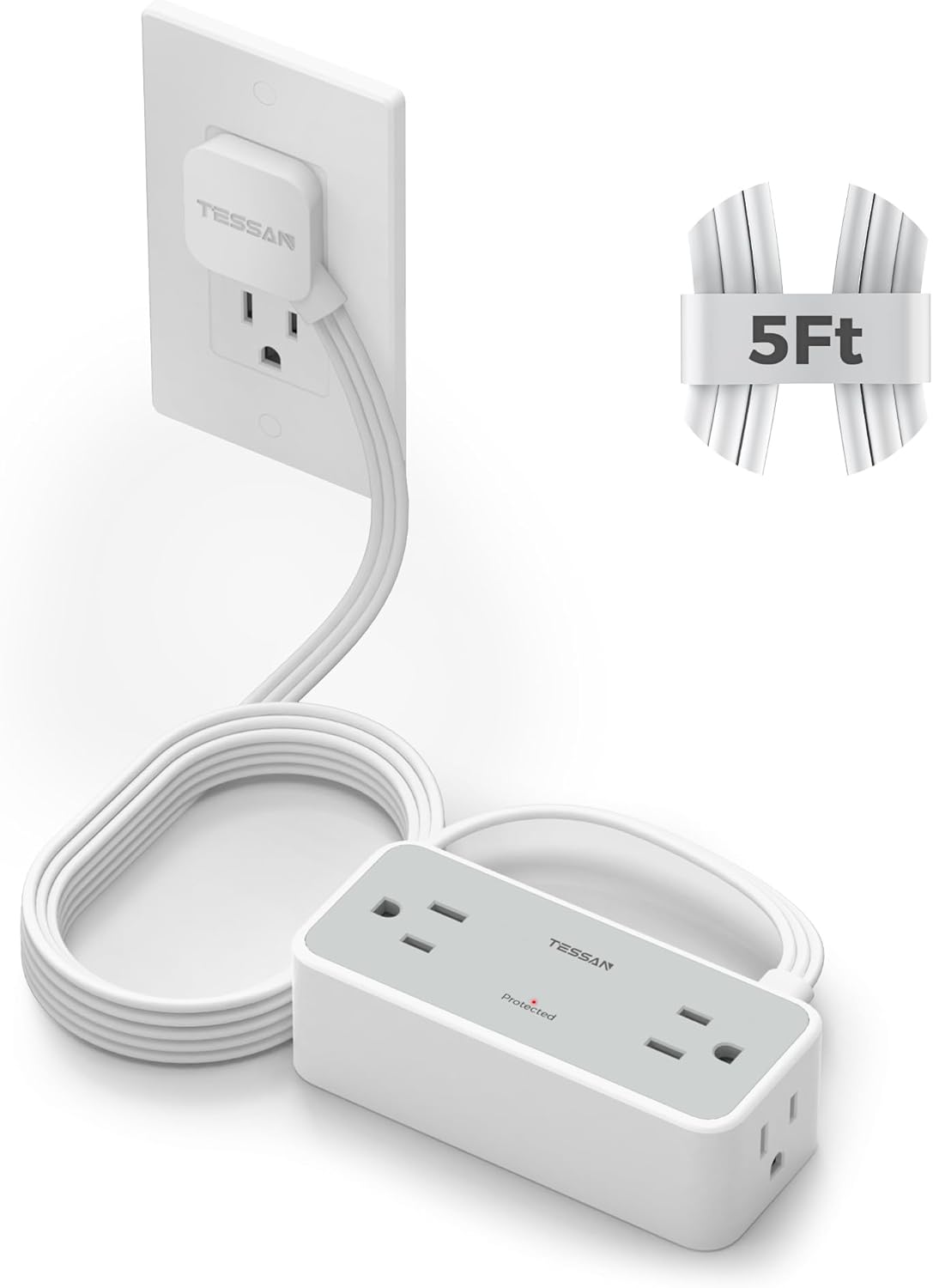 Flat Plug Extension Cord 5 FT, Surge Protector Power Strip with 4 AC Outlets, 900 Joules Protection, Multiple Wall