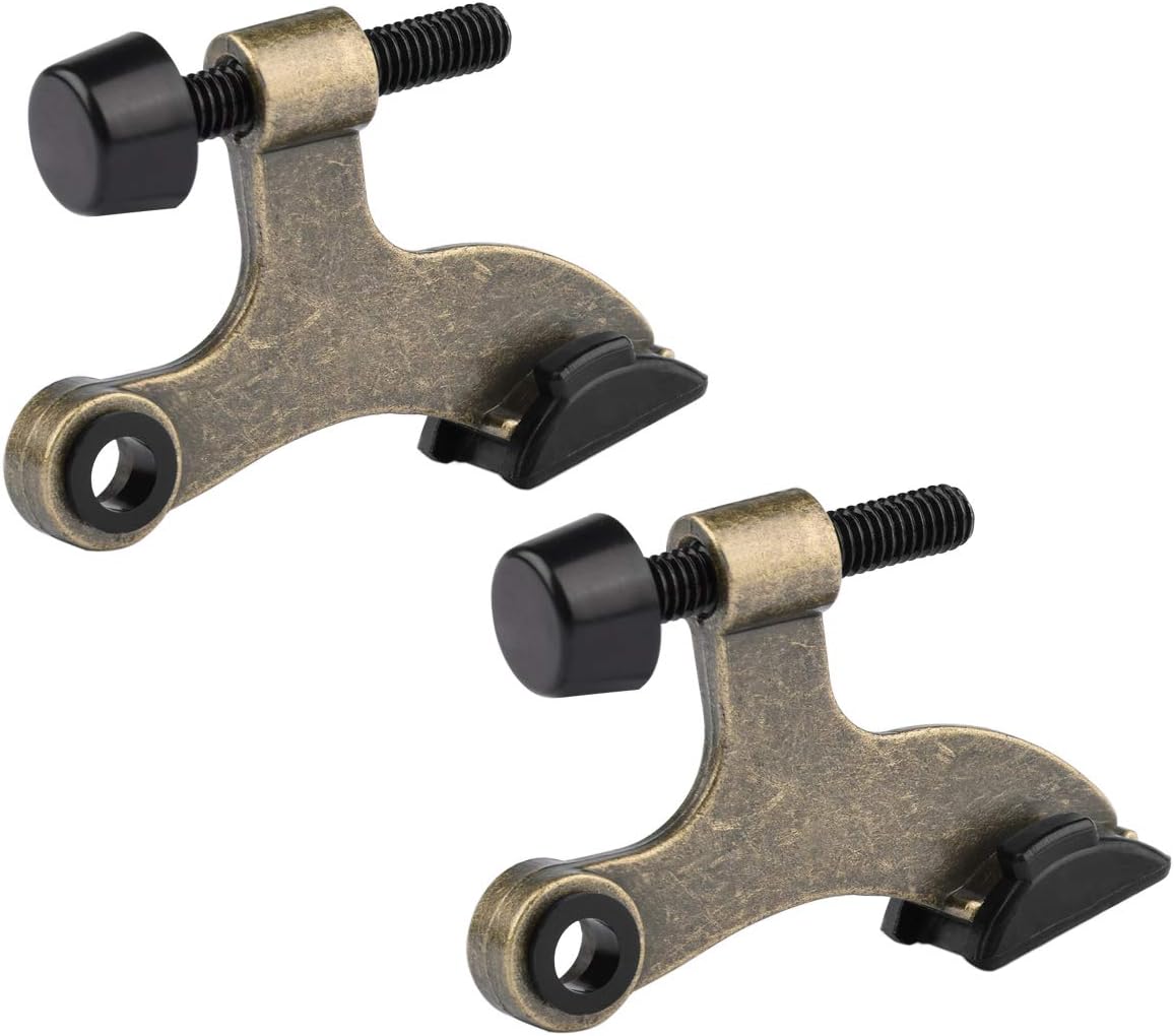 2 Pack Hinge Pin Antique Brass Door Stopper, Adjustable Deluxe Heavy Duty Door Stopper 2-1/2"x1-3/4”, with Black Rubber