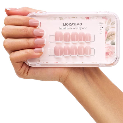 Handmade Certified|MOKAYIMO Extra Short Square French Tip Nails,10Pcs Handmade French Tip Press On Nails,Fake Nails with Acrylic Nail Tips,French Tip Nail Kit,4 Sizes(M)