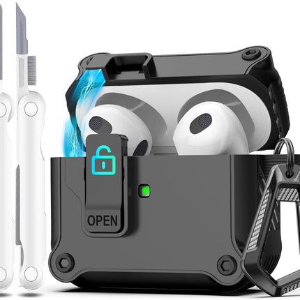 R-fun for AirPods 3 Case Cover with Lock & Cleaning Kit, Keychain, Magnetic Lid, Compatible with AirPods 3rd Generation 2021 Protective Case, Support Wireless Charging, Black