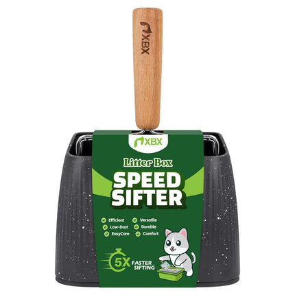 Pala para arena de gato con soporte, cernidor resistente, pala de acero inoxidable, mango de madera de haya y base lavable, para limpiar el arenero