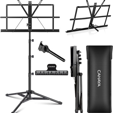 CAHAYA Portable Sheet Music Stand: Dual Use Desktop Book Holder Folding Lightweight Extra Stable Reinforced with Carrying Bag and Clip for Students Musicians Height Adjustable up to 67" CCMS0305