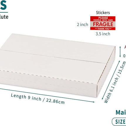 9x6x1 Inch Shipping Boxes, Single-sided White Corrugated Cardboard, Multi-Depth DVD Mailer Boxes with Fragile Stickers, 25 Pack
