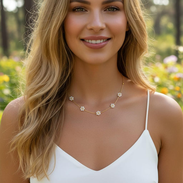Pearl Necklaces for Women, Gold Pearl Choker Single Pendant Necklace Layered Daisy Prom Wedding Strands - photo 2