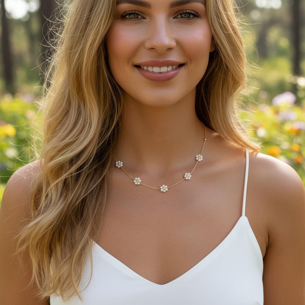 Pearl Necklaces for Women, Gold Pearl Choker Single Pendant Necklace Layered Daisy Prom Wedding Strands - photo 2