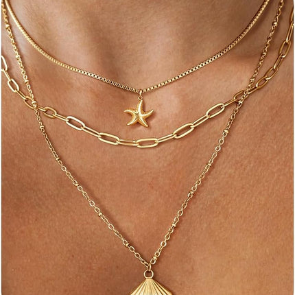 Shell Necklace for Women, 14k Gold Layered Starfish SeaShell Pendant Charm Necklace Dainty Non Tarnish Waterproof Adjustable Silver Choker Paperclip Necklaces Stack Jewelry for Summer Beach Vacation