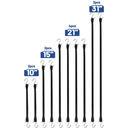 Bungee Cords with Hooks, 10 Pack, 10", 15", 21", 31", EPDM Rubber